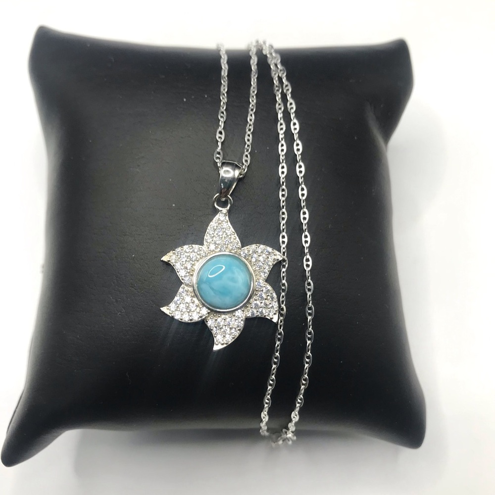 925 Sterling Silver Larimar/ CZ Sunburst Halo Pendant Necklace Size 18”